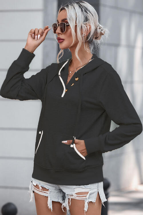 swvws Half Button Drawstring Long Sleeve Hoodie