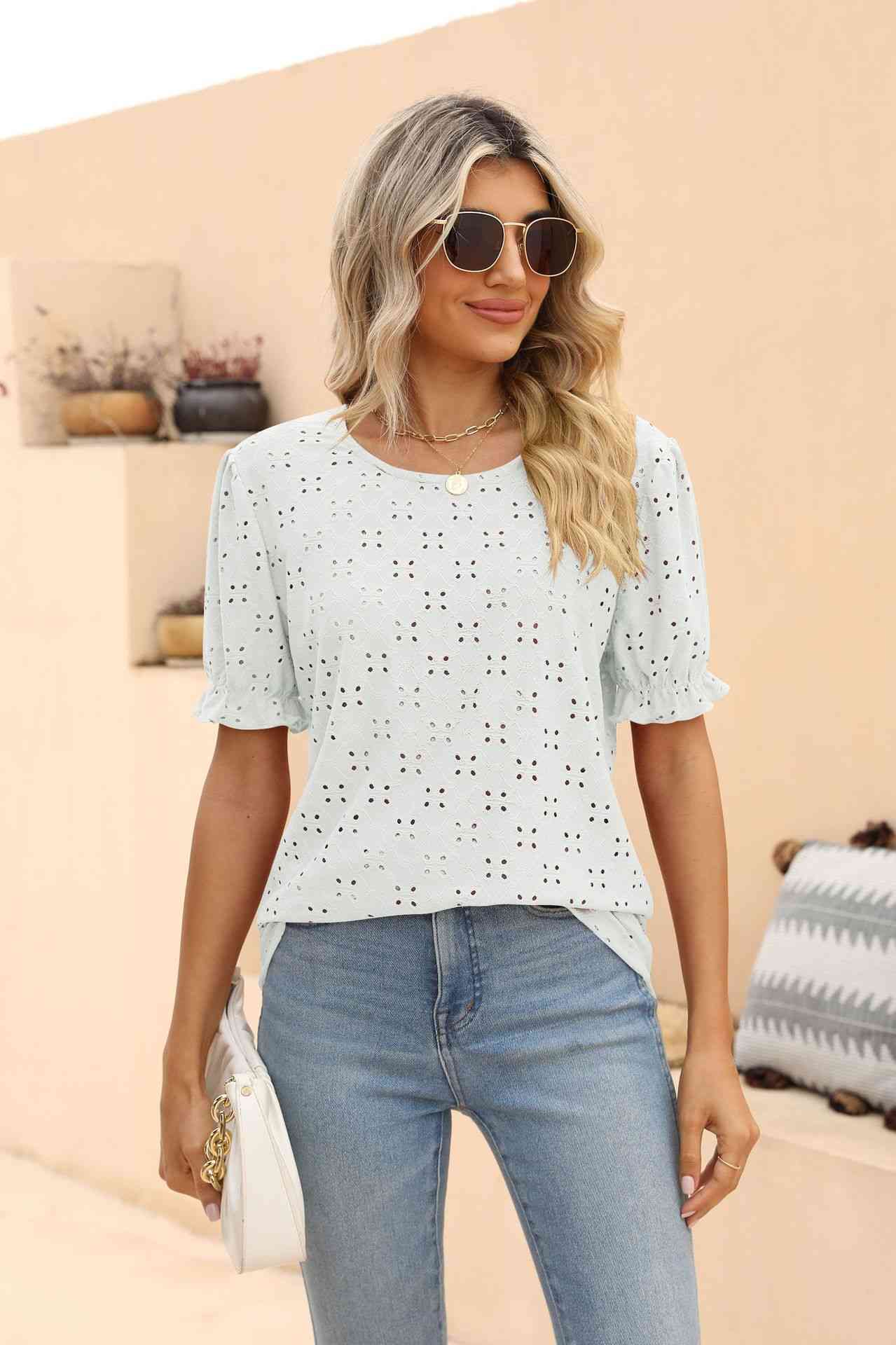 swvws Openwork Round Neck Flounce Sleeve T-Shirt