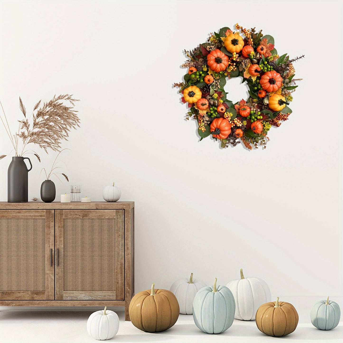 17.7in Fall Wreaths for Front Door with Berry Pumpkin Maple Leaves Autumn Wreath