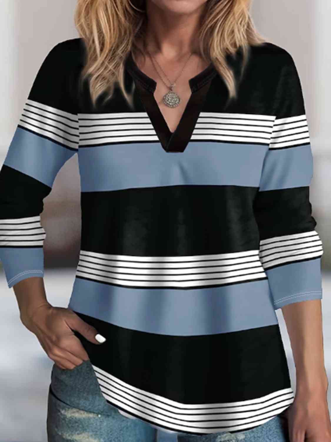 swvws Striped Notched Long Sleeve T-Shirt