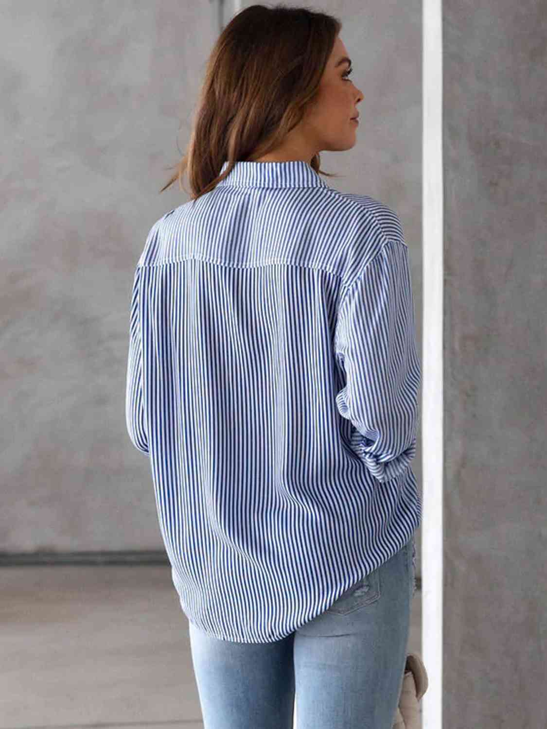 swvws Striped Collared Neck Shirt with Pocket