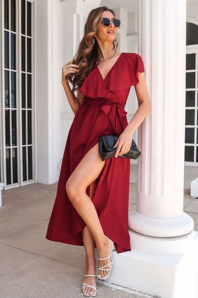 swvws Ruffled Surplice Tie Waist Slit Midi Dress