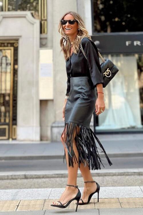 swvws High Waist Fringe Hem Skirt