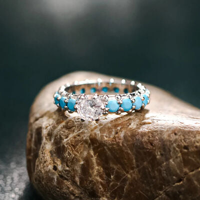 swvws Inlaid Artificial Turquoise Zircon 925 Sterling Silver Ring