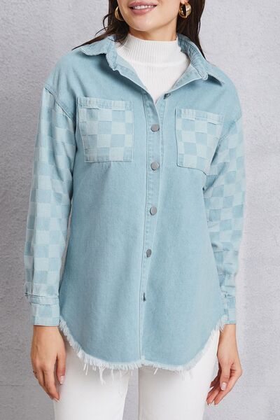 swvws Raw Hem Checkered Dropped Shoulder Denim Jacket