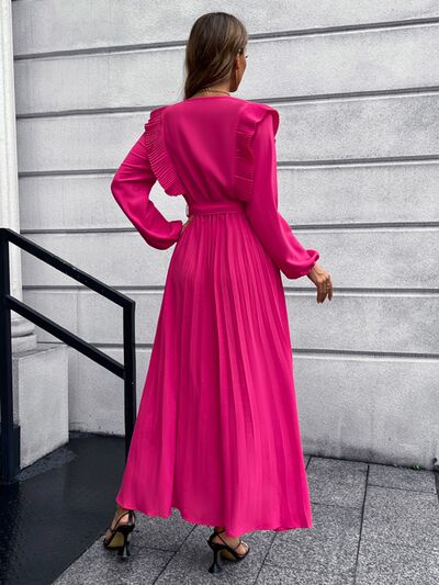 swvws Pleated Surplice Tie Waist Maxi Dress