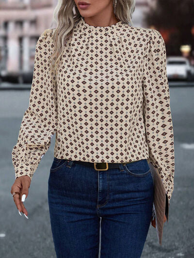 swvws Geometric Mock Neck Long Sleeve Blouse