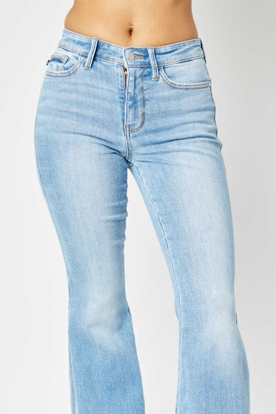 swvws Judy Blue Full Size Mid Rise Raw Hem Slit Flare Jeans