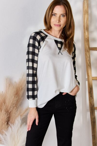 swvws Hailey & Co Full Size Plaid Raglan Sleeve Round Neck Blouse