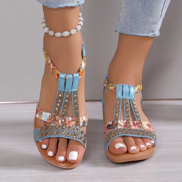 swvws - Silver Casual Patchwork Rhinestone Fish Mouth Out Door Wedges Shoes (Heel Height 1.57in)