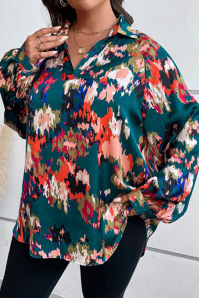 swvws Plus Size Printed Johnny Collar Long Sleeve Blouse