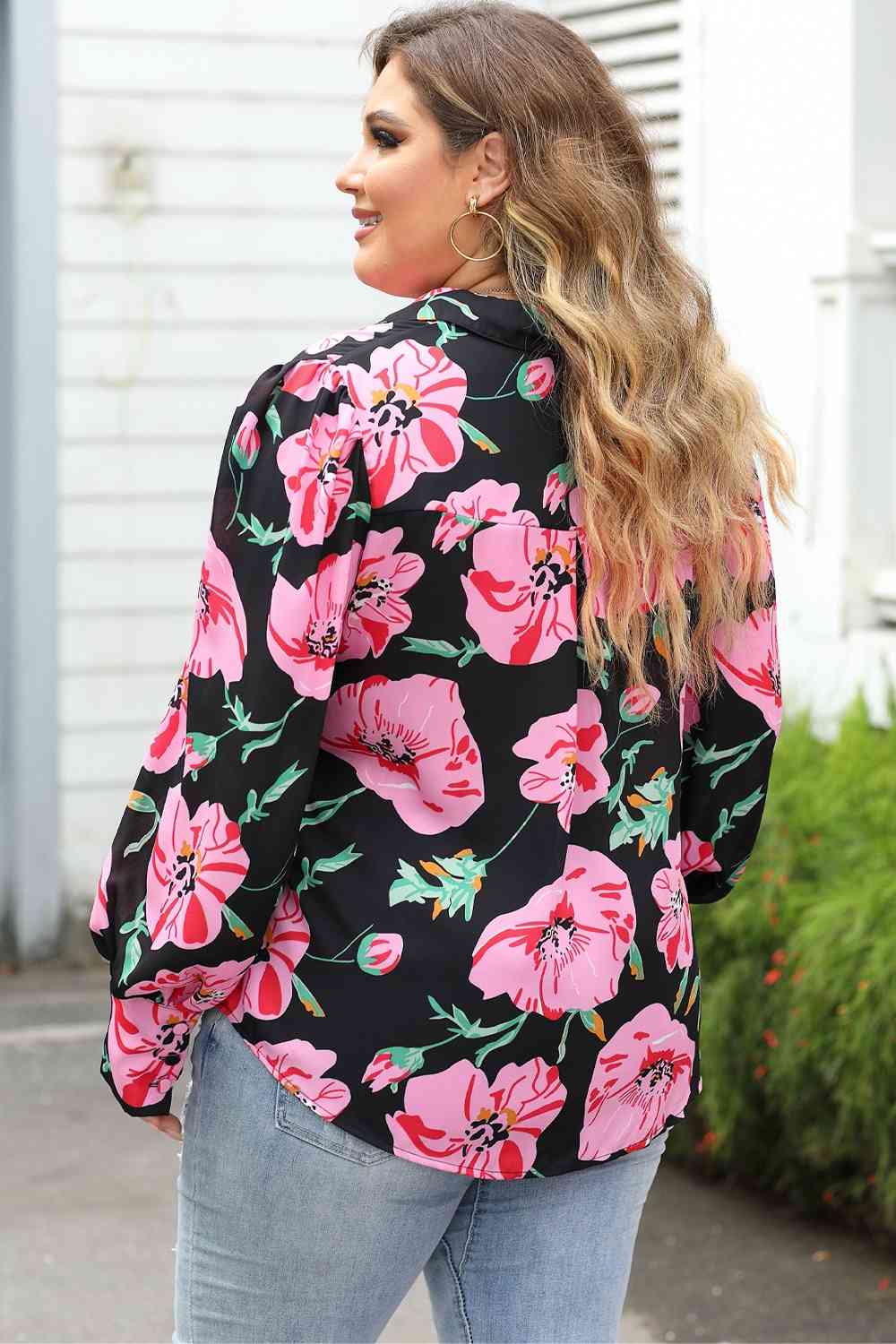 swvws Plus Size Printed Collared Neck Long Sleeve Shirt