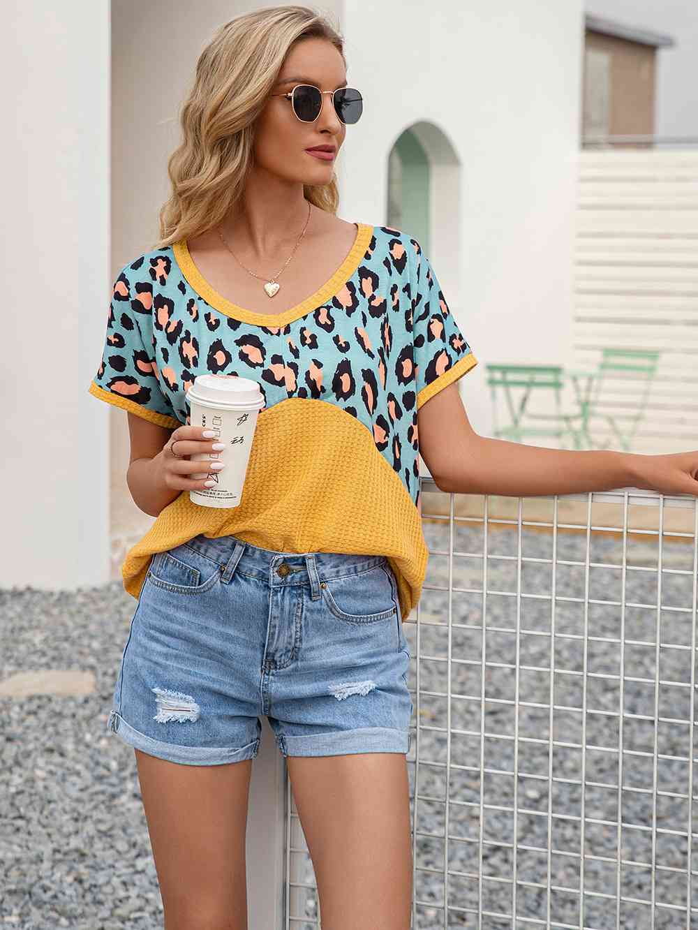 swvws Leopard Waffle-Knit Short Sleeve Top