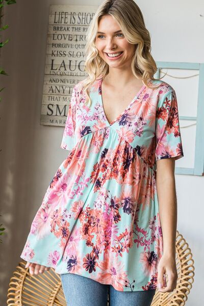 swvws Heimish Full Size Floral V-Neck Short Sleeve Babydoll Blouse