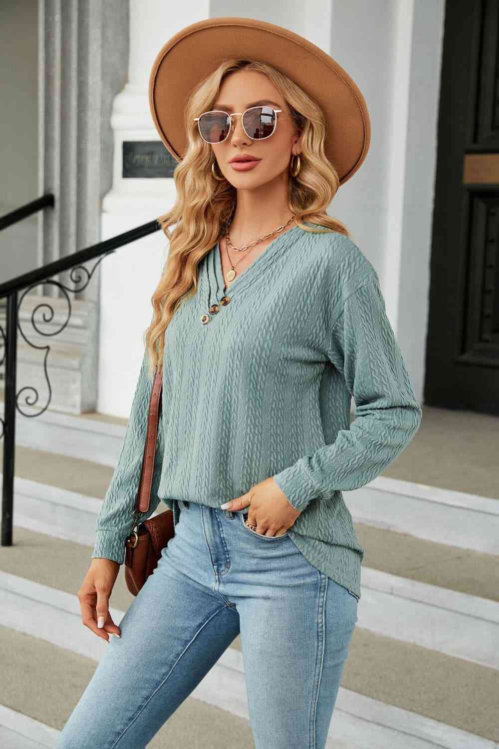 swvws Decorative Button V-Neck Long Sleeve T-Shirt