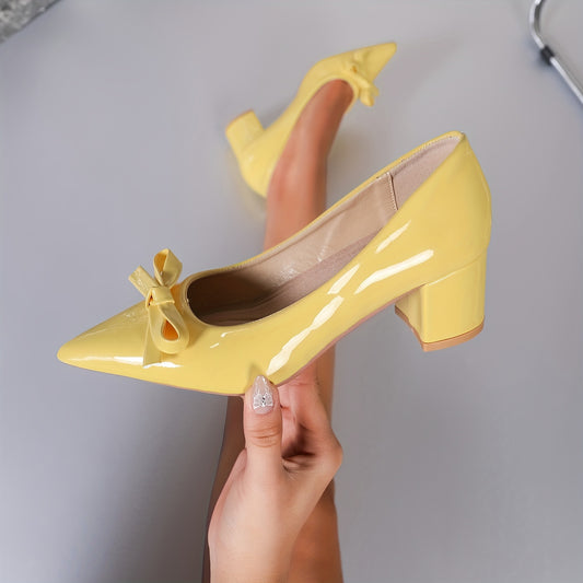 Stylish Bow Chunky Mid Heels Pumps - Solid Color Pointed Toe, All-Match Banquet Dress Shoes for Koningsdag/King's Day Celebration, Comfortable Walking, Versatile Party Wear