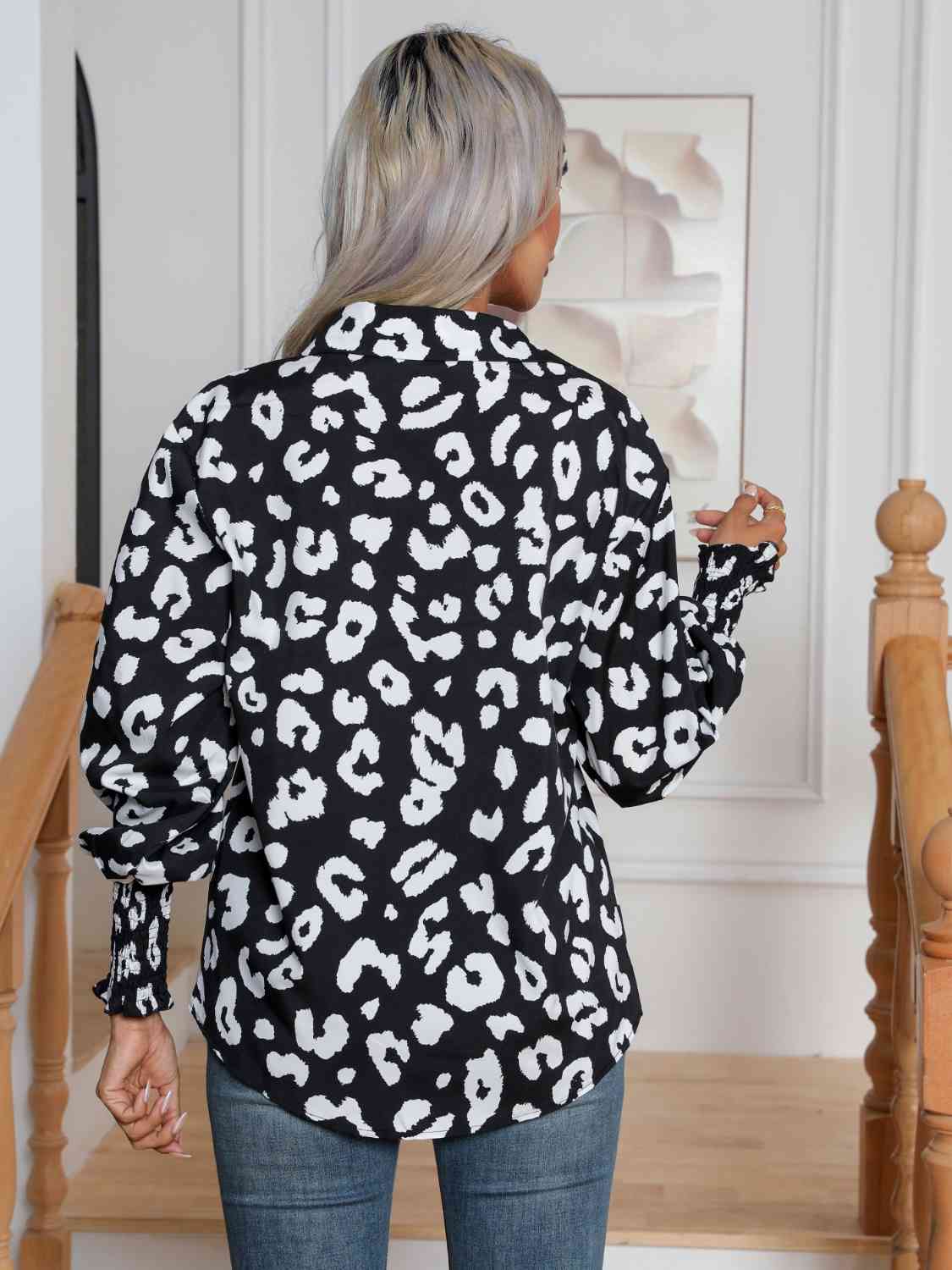 swvws Printed Collared Neck Buttoned Lantern Sleeve Shirt