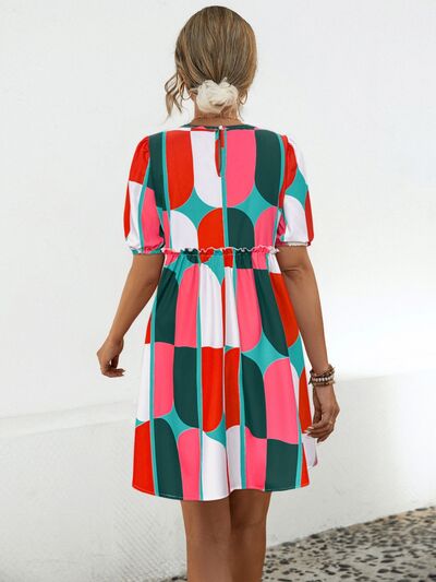 swvws Geometric Frill Round Neck Short Sleeve Dress