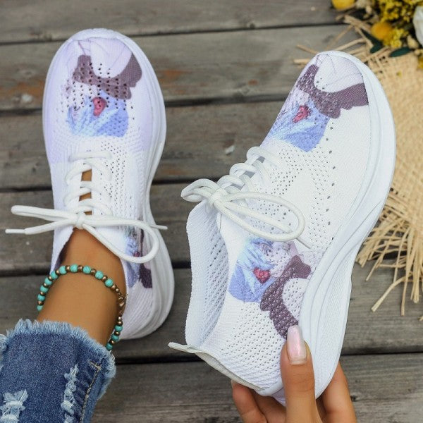 swvws - White Casual Sportswear Daily Frenulum Printing Round Mesh Breathable Comfortable Out Door Shoes