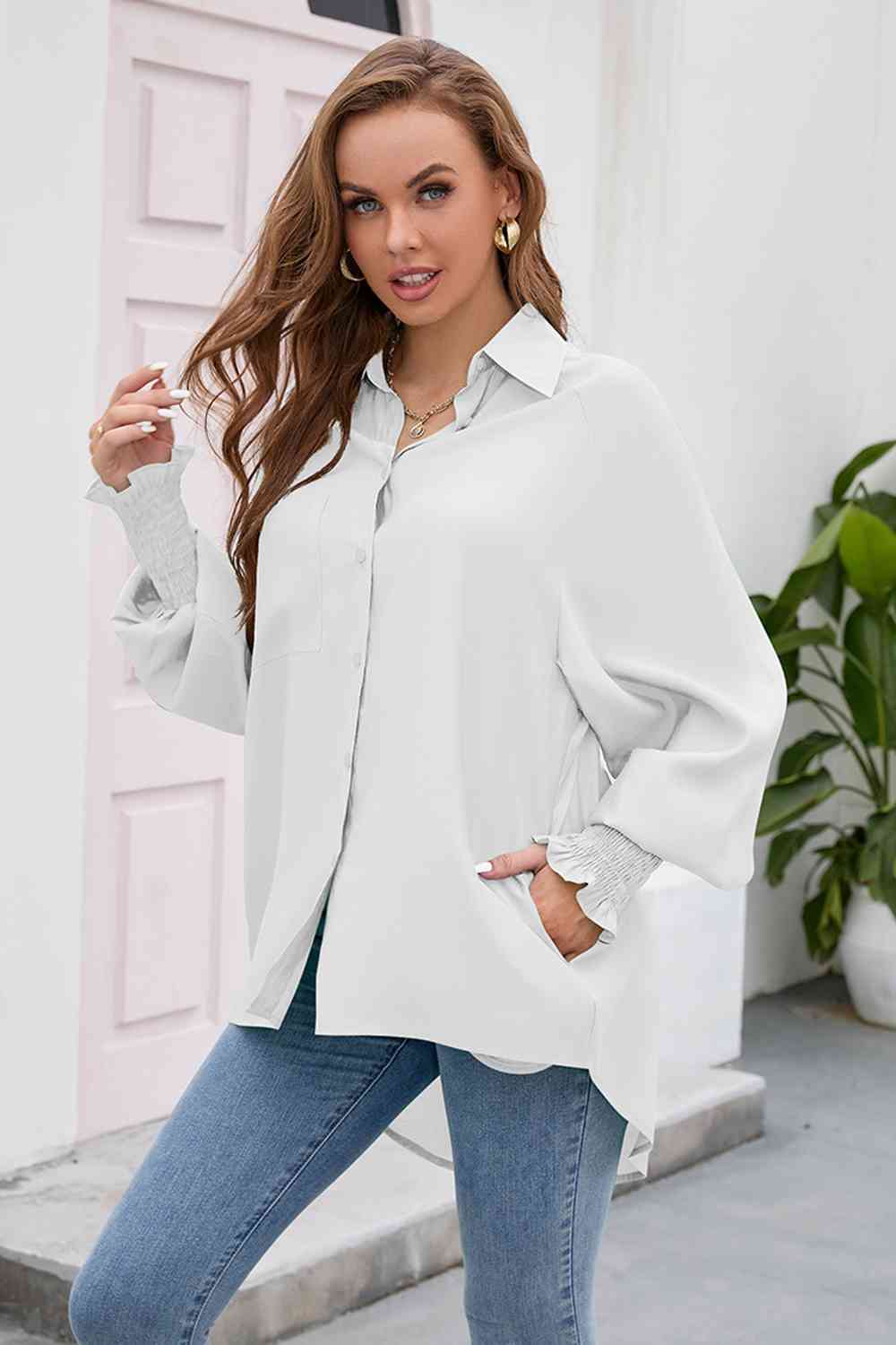 swvws High-Low Collared Neck Lantern Sleeve Shirt