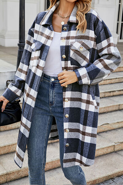 swvws Plaid Button Up Collared Neck Coat with Pockets