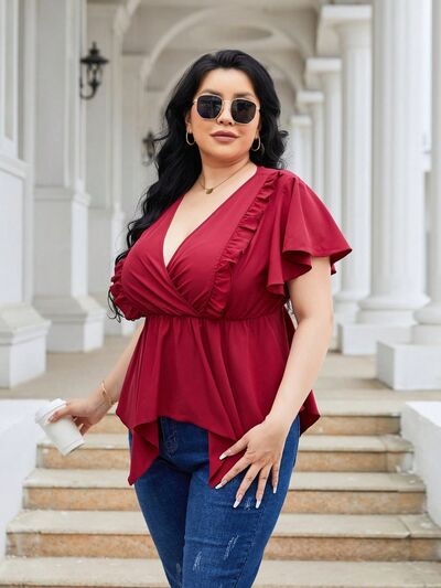 swvws Plus Size Frill Surplice Flutter Sleeve Blouse