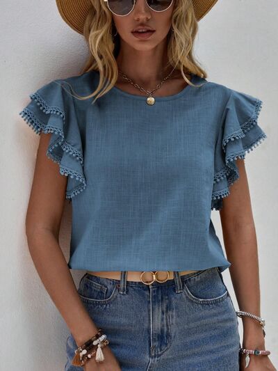 swvws Ruffled Cap Sleeve Round Neck Blouse