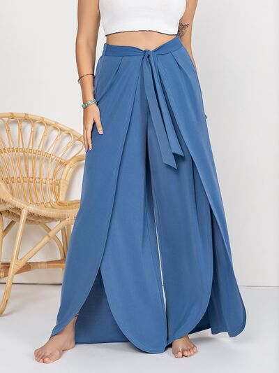 swvws Plus Size Tied Slit Wide Leg Pants