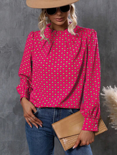 swvws Geometric Mock Neck Long Sleeve Blouse