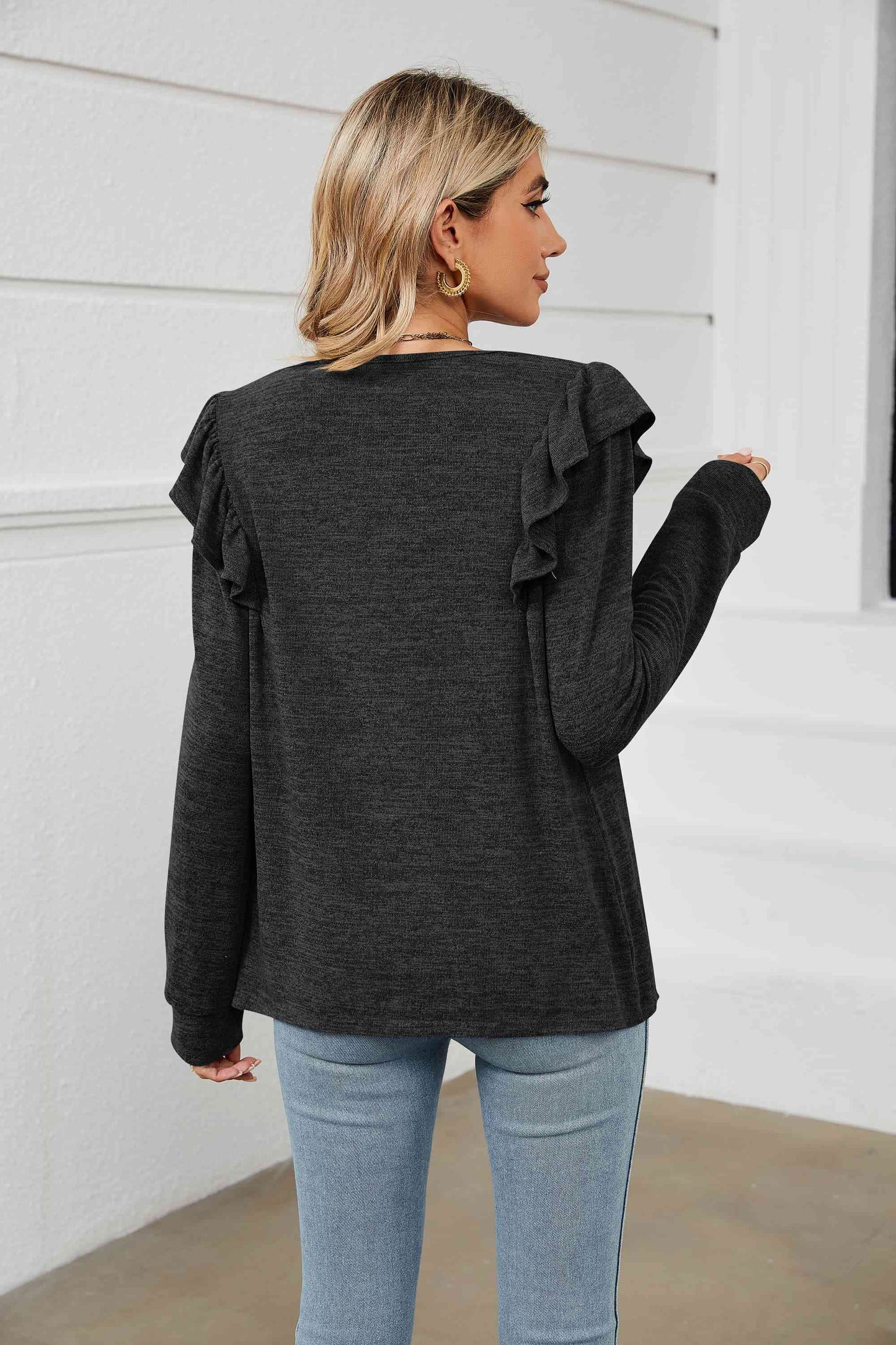 swvws Square Neck Ruffle Shoulder Long Sleeve T-Shirt