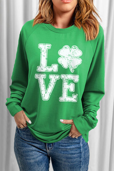 swvws LOVE Lucky Clover Round Neck Sweatshirt