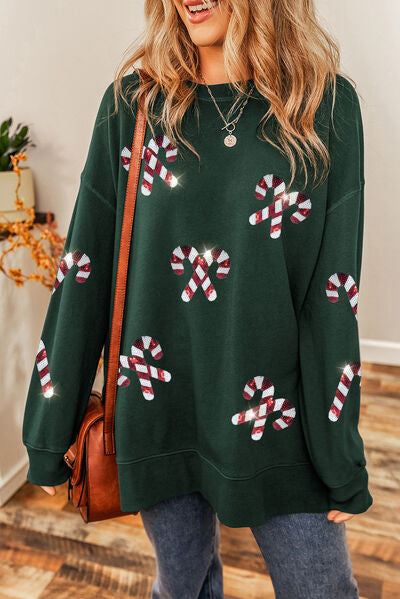 swvws Candy Cane Sequin Round Neck Long Sleeve Sweatshirt