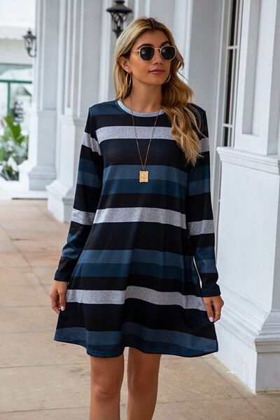 swvws Striped Round Neck Long Sleeve Dress