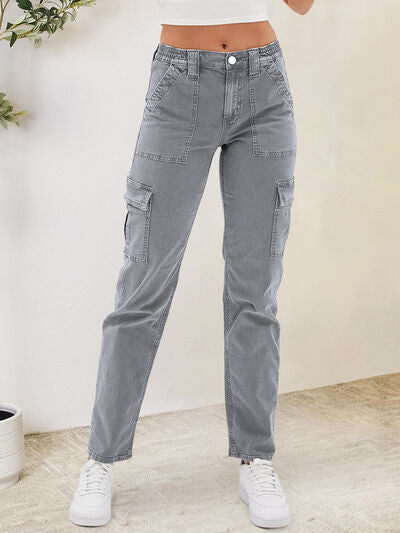 swvws Buttoned Straight Jeans with Cargo Pockets