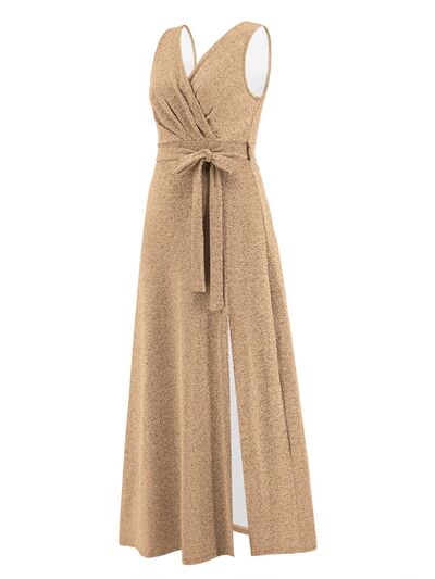 swvws Slit Surplice Tie Waist Sleeveless Dress