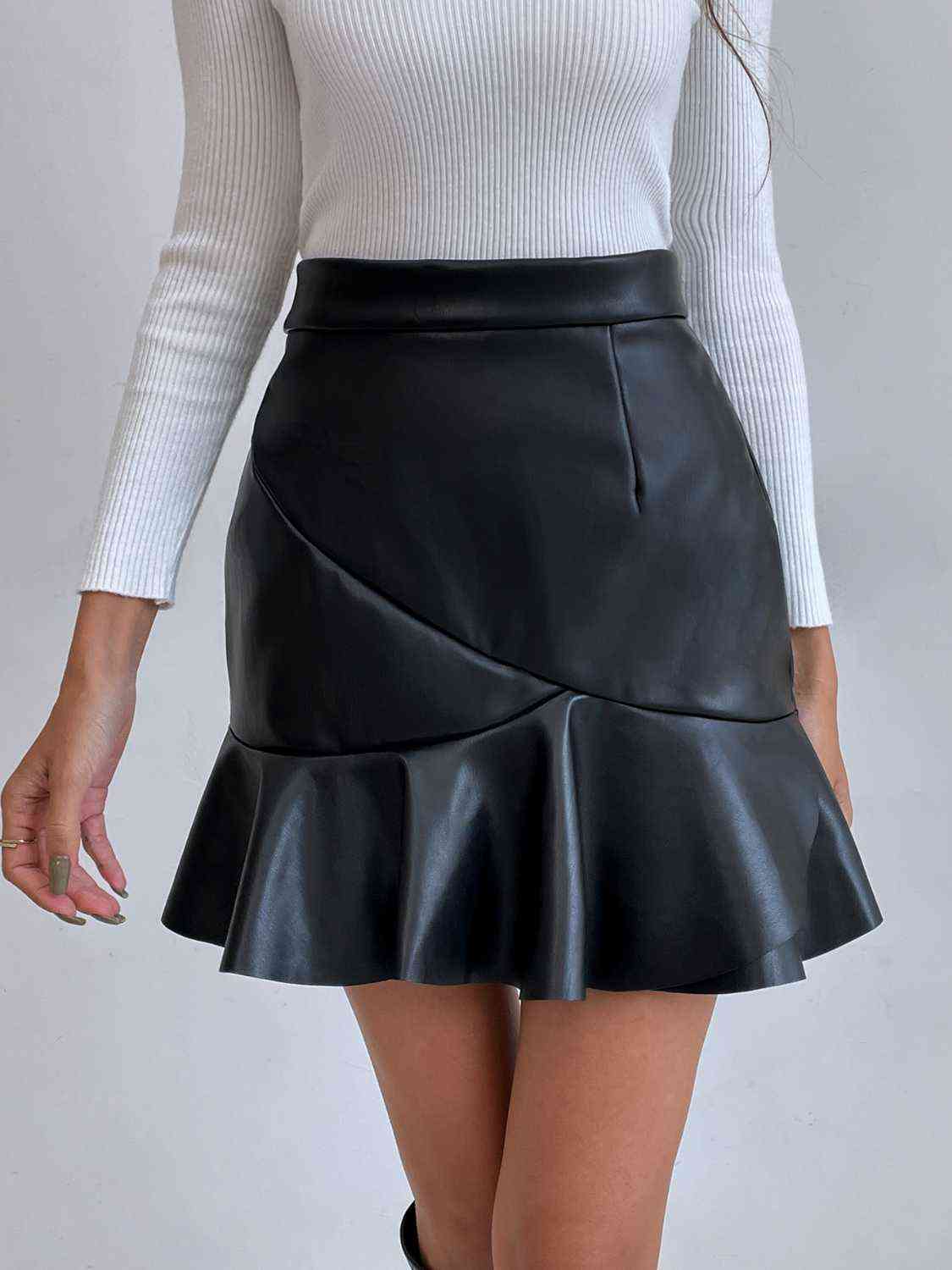 swvws Ruffled PU Mini Skirt