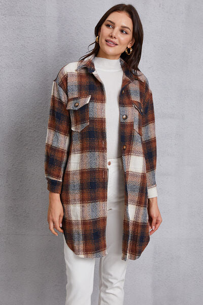 swvws Plaid Button Up Dropped Shoulder Coat with Pockets