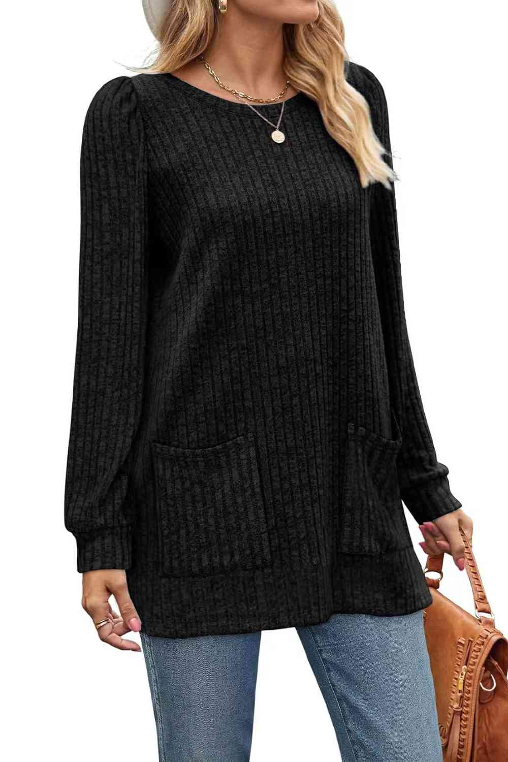 swvws Ribbed Round Neck Long Sleeve T-Shirt