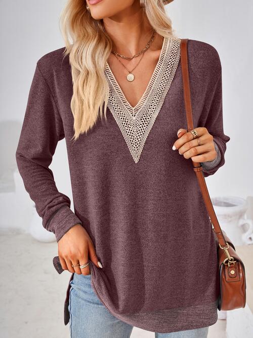 swvws Crochet Contrast V-Neck Long Sleeve Slit T-Shirt