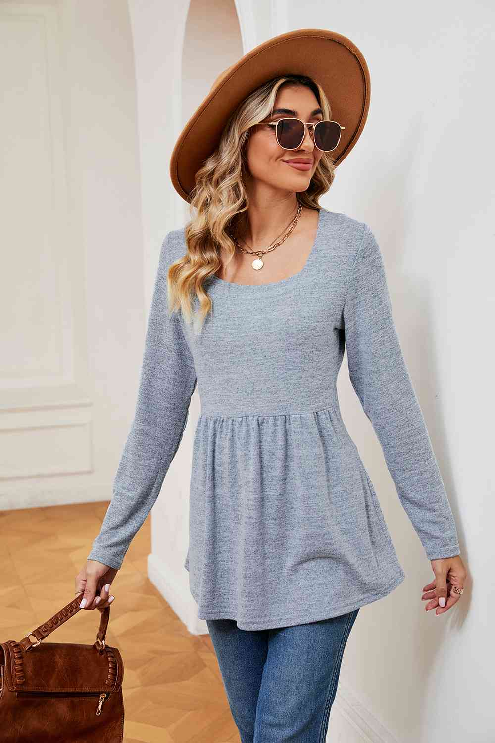 swvws Square Neck Long Sleeve Peplum Top