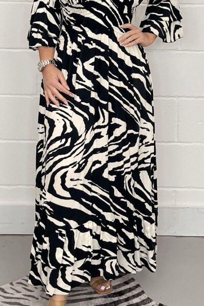 swvws Smocked Printed Flounce Sleeve Maxi Dress