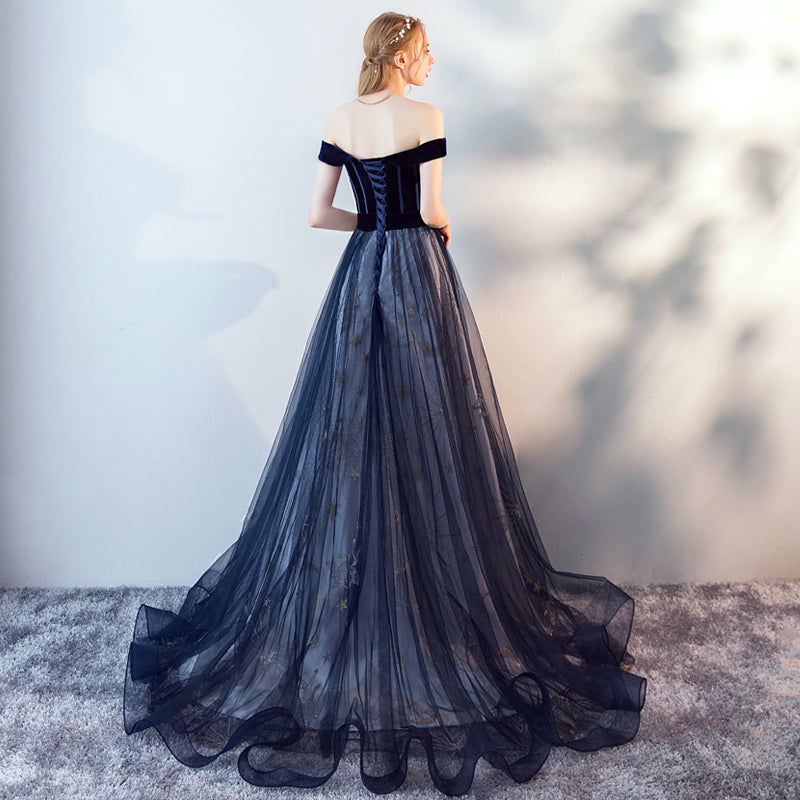 Tmallworld Navy Blue Off Shoulder Tulle with Velvet Long Party Dress, Blue Prom Dress, Evening Dress