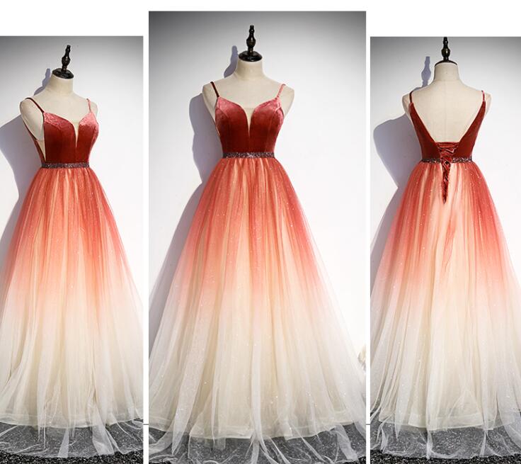 Tmallworld Beautiful Red Velvet and Gradient Tulle Beaded Party Dress, Straps Long Formal Gown