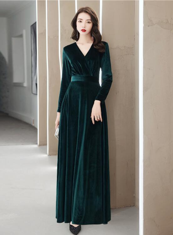 Tmallworld Elegant Velvet Long Sleeves V-neckline Prom Dress. Velvet Bridesmaid Dress Party Dress