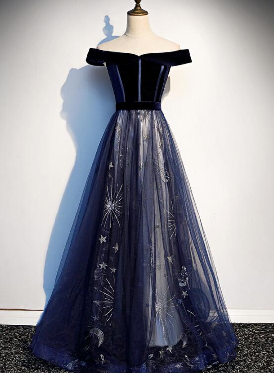 Tmallworld Lovely Off Shoulder Velvet and Tulle Prom Dress, Navy Blue Party Dress Formal Dress