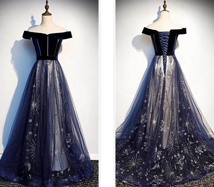 Tmallworld Lovely Off Shoulder Velvet and Tulle Prom Dress, Navy Blue Party Dress Formal Dress