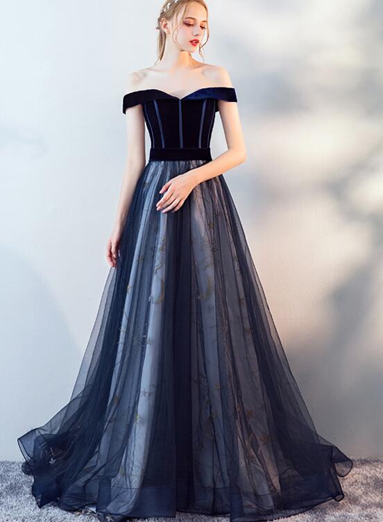 Tmallworld Navy Blue Off Shoulder Tulle with Velvet Long Party Dress, Blue Prom Dress, Evening Dress