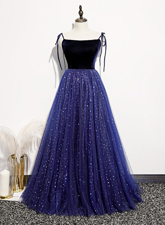 Tmallworld Blue Sparkle Tulle with Velvet Top Straps Long Formal Dress, A-line Simple Party Dress