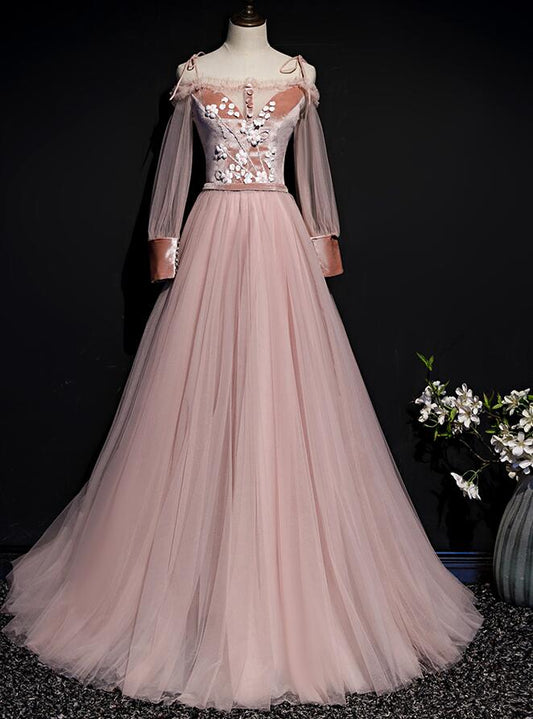 Tmallworld Pink Tulle and Velvet Long Sleeves Flowers Evening Dress, New Style A-line Party Dress