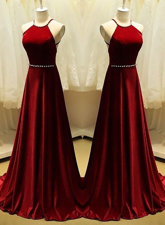 Tmallworld A-Line Halter Sleeveless Cross Back Velvet Long Red Gown, Red Formal Dress